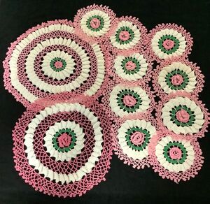 Estate Set of 11 Vintage Doilies Hand Crocheted White Ruffles Pink Roses Cottage